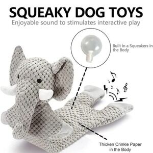 Gray Plush Elephant Squeaky Dog Toy Crinkle Paper Unstuffed Flat Pet Toy 12in